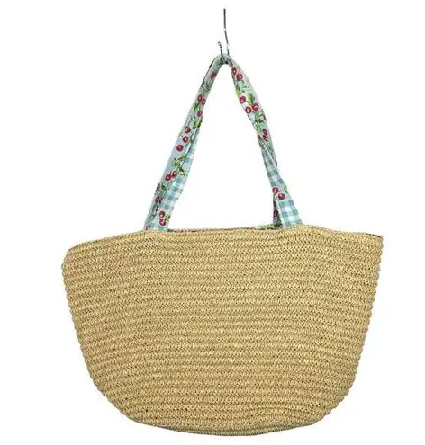 Laura Ashley Wicker Raffia Cherry Cottage Boho Tote Style Purse Beach Bag