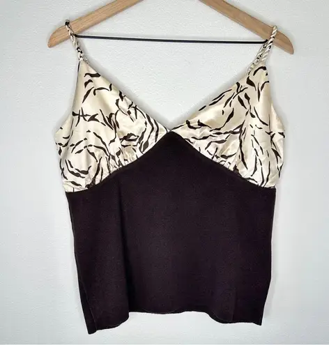 Unique Vintage Vintage 90s Y2K Silk Blend Babydoll Tank top Sz L Brown Cream Animal Print