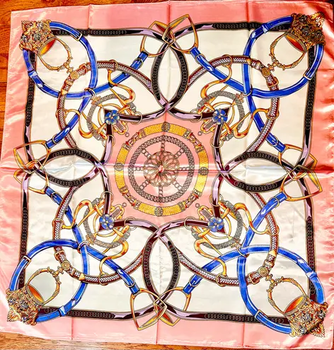 Vintage Equestrian PINK PEACH Royal Crown print oversized silky Scarf 35/35