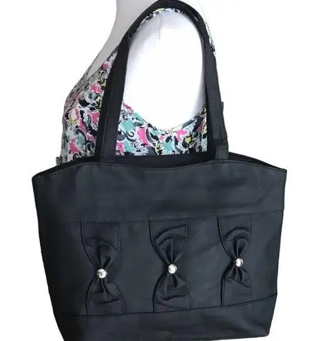 FAUX LEATHER BLACK WITH EMBELLISHED BOW DESIGN SHOULDER BAG