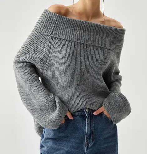 Commense Gray Oversized Overfold Off The Shoulder Knit Sweater S NWT