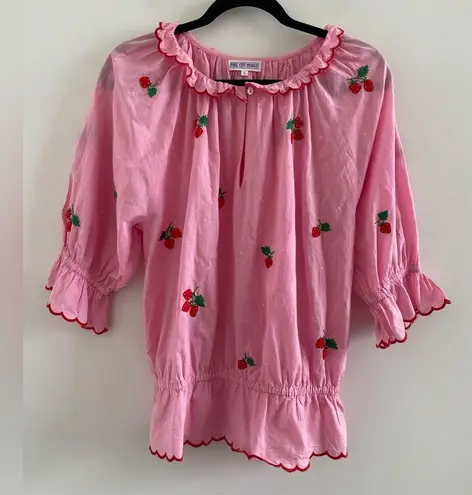 Pink City Prints Pink Beatrice Cotton Strawberry Embroidered Blouse Large