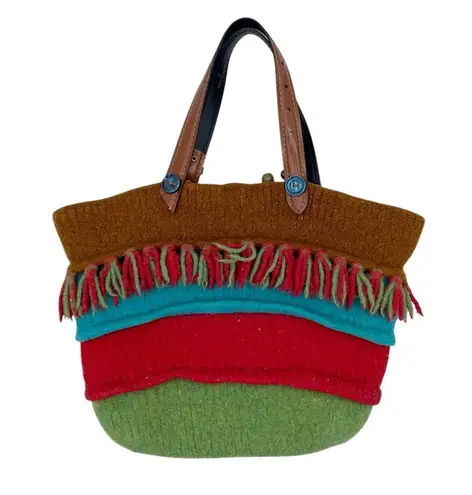 Vintage Wool Fringe Colorful Striped Bucket Tote Bag Purse Bohemian Southwestern Brown