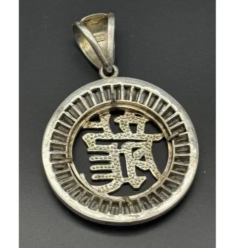 None Cool Unisex Round Pendant with Baguette Crystals and Chinese Script Dragon Silve