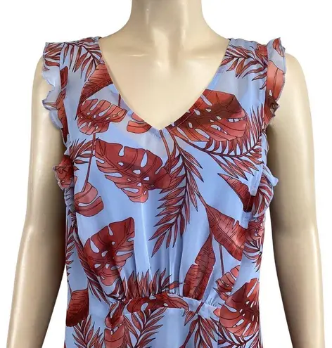 CAbi  Tropical Print Dress V-Neck Sleeveless Ruffle Trim Size Small Blue & Red