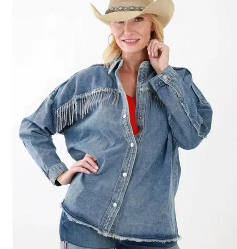 Vocal NWOT Rhinestone Fringe Denim Shirt Jacket Size Large