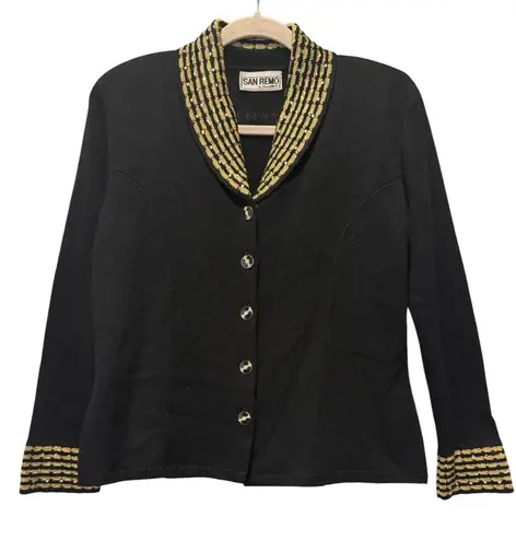 SAN REMO by Laura Knits Vintage 80’s Black & Gold Sweater Cardigan Size S Retro