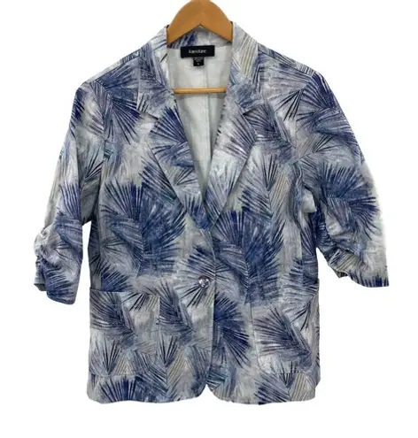 Karen Kane Blazer Jacket Womens Large Blue White Cotton Tropical Leaf Print