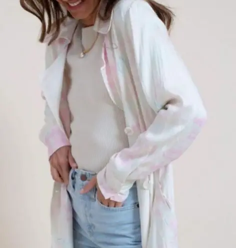 Something Navy NEW Pastel Tie Dye Satin Long Trench Coat S