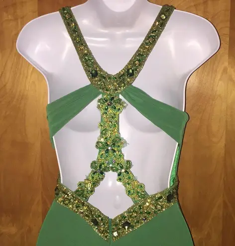 Green & Gold Beaded Riva Designs Ballgown Fancy Prom Dress Size 6