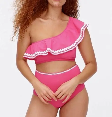 J.Crew NWT  Sweet Briar Pink Ruffle Bikini Set Sz Medium One Shoulder High Waist - Image 3