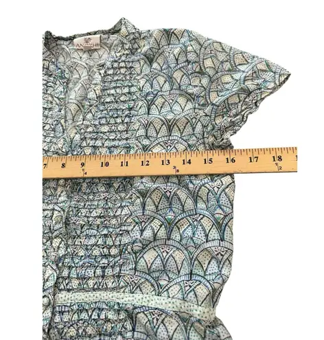 Anokhi Blouse XS Blue Indian Cotton Block Button Shirt Boho Hippie Ruffle #BB1