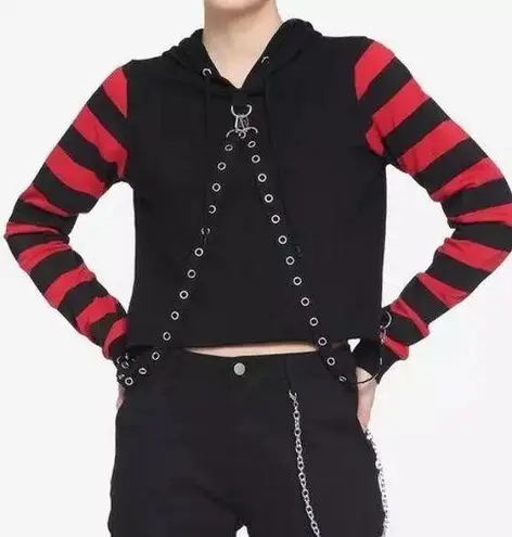 Hot Topic  Plus Size 1X Red & Black Stripe Harness Crop Hoodie Long Sleeve Goth