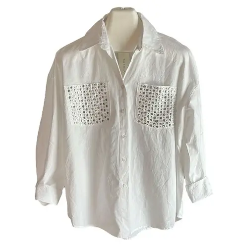 Sim & Sam  Shiny Studded Long Sleeve Oversize Women's Buttondown Shirt - Image 10