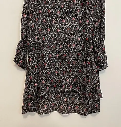 Joie Jamira Dress Black Blue Red Floral Tie Neck Bow Asym Ruffle SILK Mini