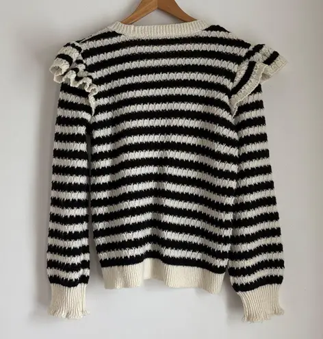Loft  Striped Ruffle Shoulder Crewneck Sweater Long Blouson Sleeves Black Size XL - Image 5