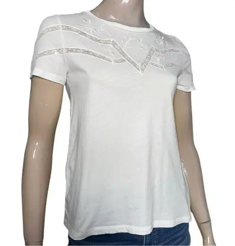 Sandro Women’s Size 1 S White Cotton Lace Inset Lilou Short Sleeve Tee T-Shirt