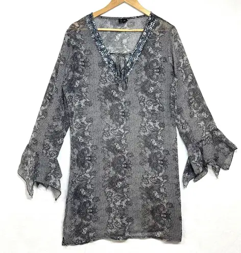 Yuka Beach Chiffon Large Bell Sleeve Coverup Dress Swim Pool Summer Sheer Sequin Black