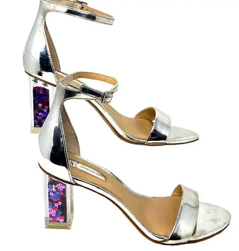 KIVAH Metallic Silver Block Acrylic Heels Filled With Sequins ~ Women's Size 9