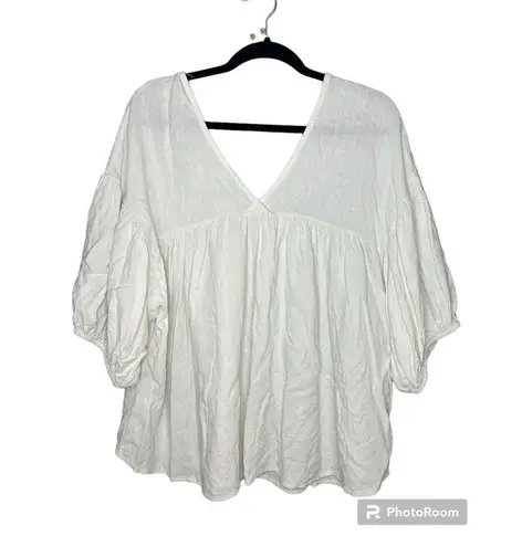 Ces Femme Boho Chic Oversized White V Neck Flowy Tunic Linen Blend Size Small