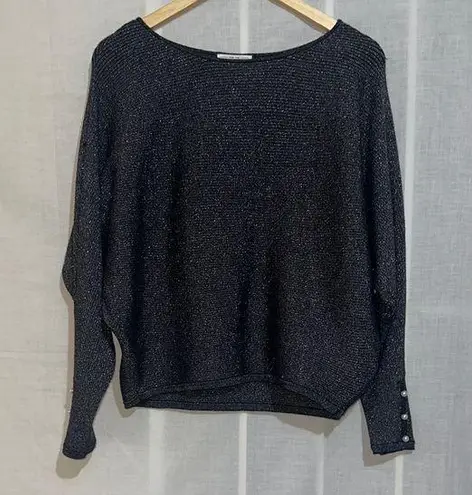 FOR THE REPUBLIC Metallic Black Dolman Sleeve Sweater Pearl Cuff Buttons Medium