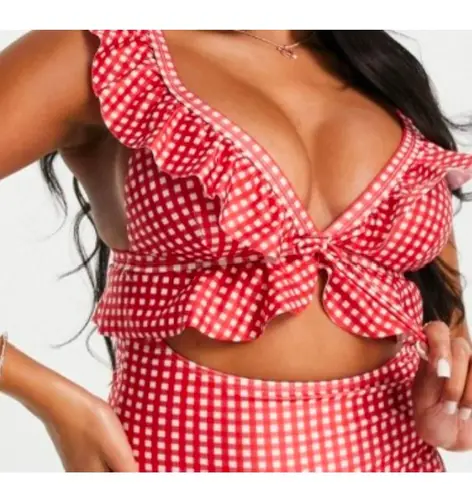 PEEK & BEAU FULLER BUST CUT OUT FRILL SWIMSUIT IN RED GINGHAM NWT 38D/DD