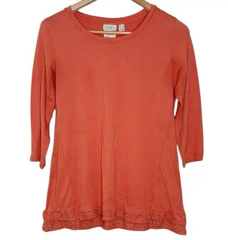 LOGO By Lori Goldstein Orange 3/4 Sleeve lace ruffle trim Top Lagenlook Size S