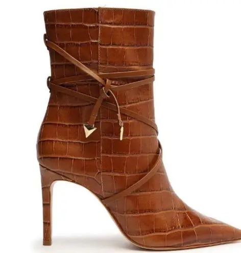 Schutz Vini Crocodile Embossed Leather Heeled Boots Pointed Brown Zip 7.5 NEW