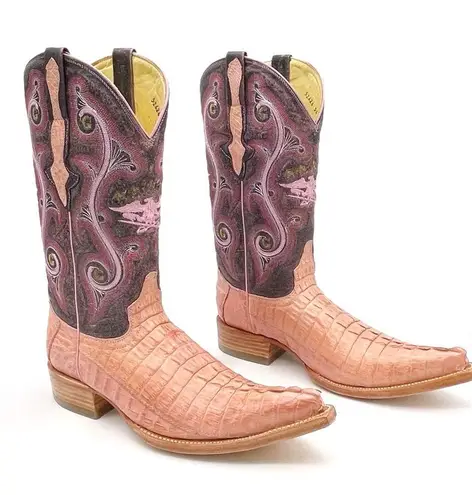 NWT El General Pink Caiman Pointed Toe Boots Women’s Size 8 Embroidered Western
