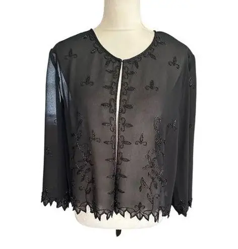 Karen Millen Karen Miller Sheer Beaded Jacket Shrug With Floral Design Scalloped Edges Sz 20