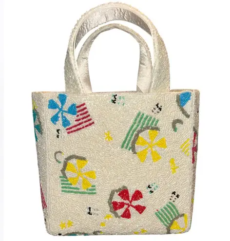Handmade Beaded Summer Boho Tote Crossbody Bag – Umbrella Beach Design NEW White