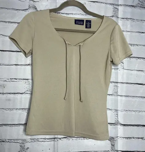 Hillard & Hanson Cream Fitted Tie Front T-Shirt V-Neck Drawstring Neckline SZ XS