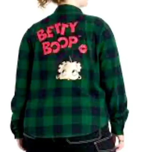 Betty Boop  shacket Hunter Green Black Plaid Shirt button up cotton New top Sz M