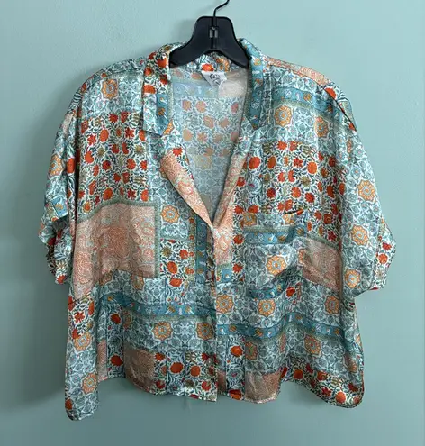 dRA Los Angeles Anthro Silky Box Patchwork Boho Summer Crop Button Down Top XS Orange - Image 1