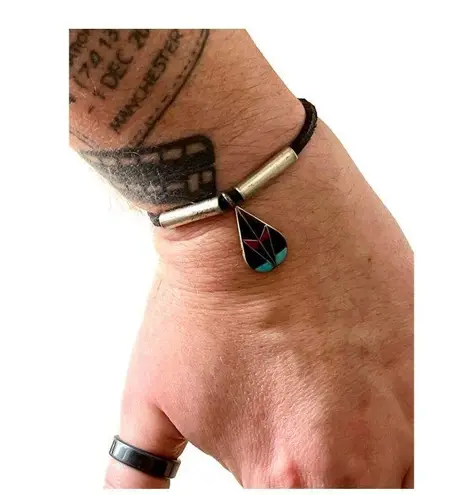 None Sterling Onyx Turquoise Coral Native American Bracelet, Vintage Zuni Signed