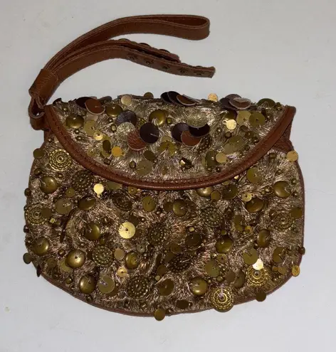 GOLD SEQUIN BEADED WRISTLET WITH BROWN LEATHER NO BRAND TAG MADE IN INDIA