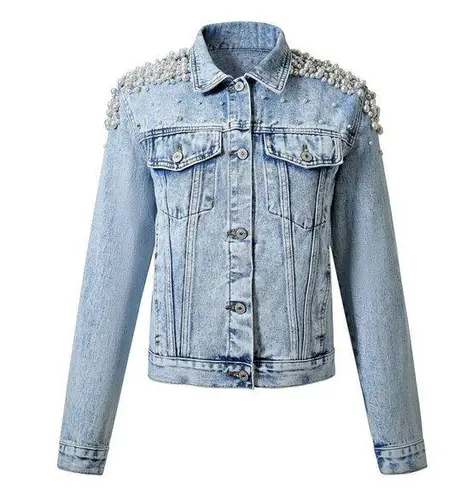 Pearls Beaded Denim Jacket Blue