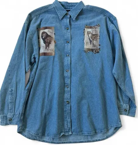 Sierra Pacific Denim Button Up Shirt Patchwork Africa Safari Animal Large Cotton Blue