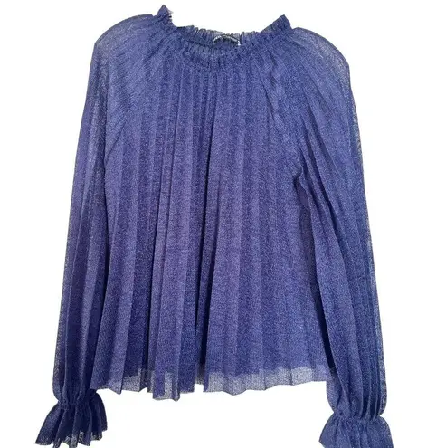 ZARA  Size M Accordion Pleated Bell Sleeve Blouse Ruffle High Neck Sheer Blue