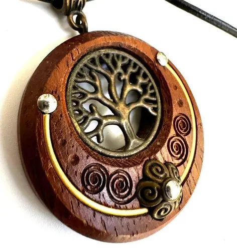 Wood tree of life pendant necklace on cord