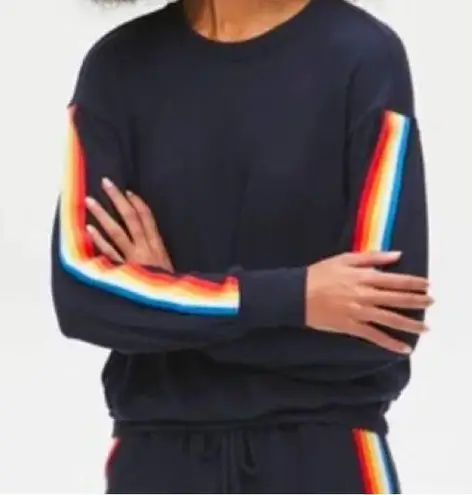 Michael Stars Women's Navy Blue Gigi Pullover with Stripe Trim Rainbow S
