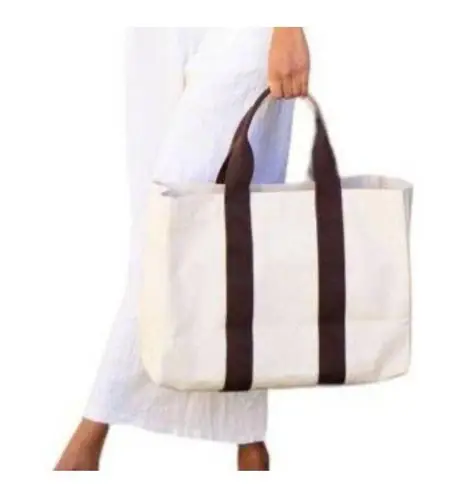 NEW Le Bar Marche LG CANVAS TOTE BAG 18.5" La Plage Beach Pool Grocery Packable Brown