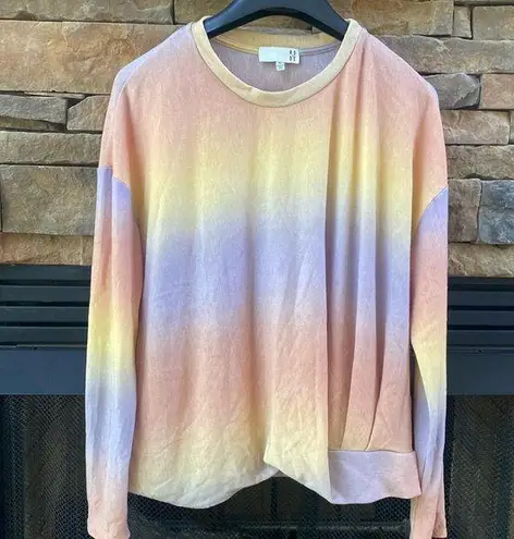 Ro & De  tie dye twist tuck waist crew neck top size XL purple yellow peach fall