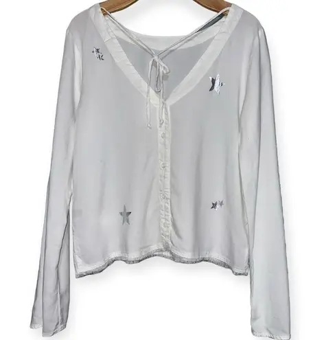 Bella Dahl Women’s S White Silver Stars Tie Button Back Long Sleeve Blouse Top