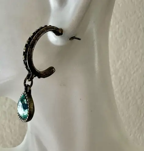 Vintage Avon Style Bronze Hoop Earrings w/ Aqua Crystal Drop