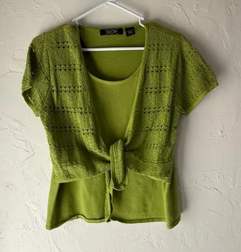 Crystal Kobe Women's Size Large Y2k Green Cotton Crochet Tie Top Cottage