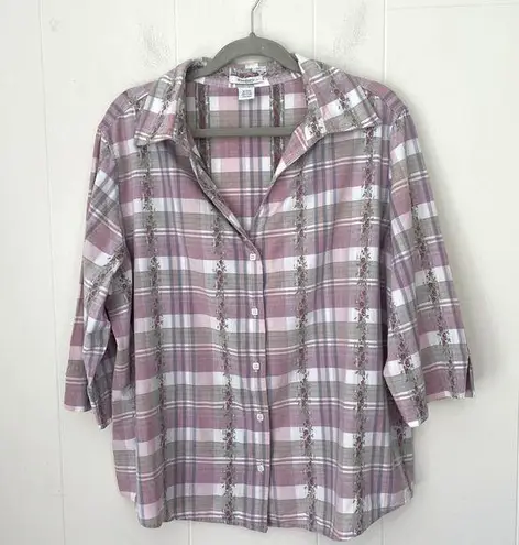 Dress Barn  Button Up Collared Shirt Plaid Floral 3/4 Sleeve ~ Woman Size 14W/16W