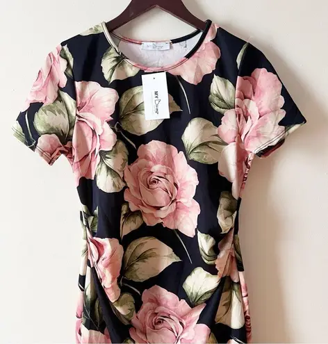 My Bump Pink Floral Midi Maternity Dress Size Large Short Sleeves Pullover NEW Black