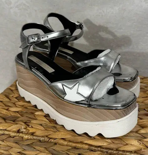 Stella McCartney Elyse Star Platform Sandals Silver Metallic Size 36.5