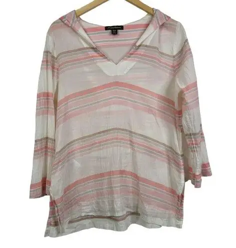 Tommy Bahama  Porta Stripe Tunic Top Size M White Pink Gauze Gauzy Hooded Beach